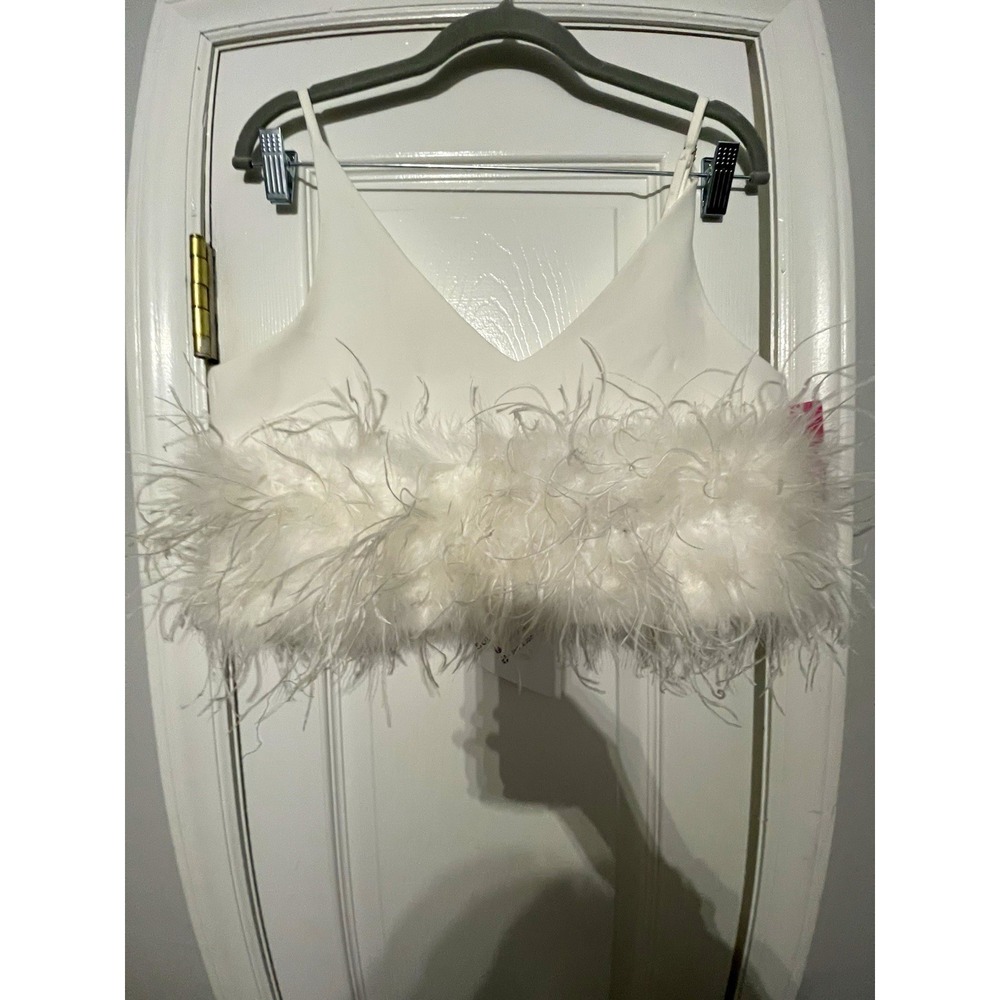 Buddy Love White Feather Trim Wireless Bralette top S Spaghetti Straps